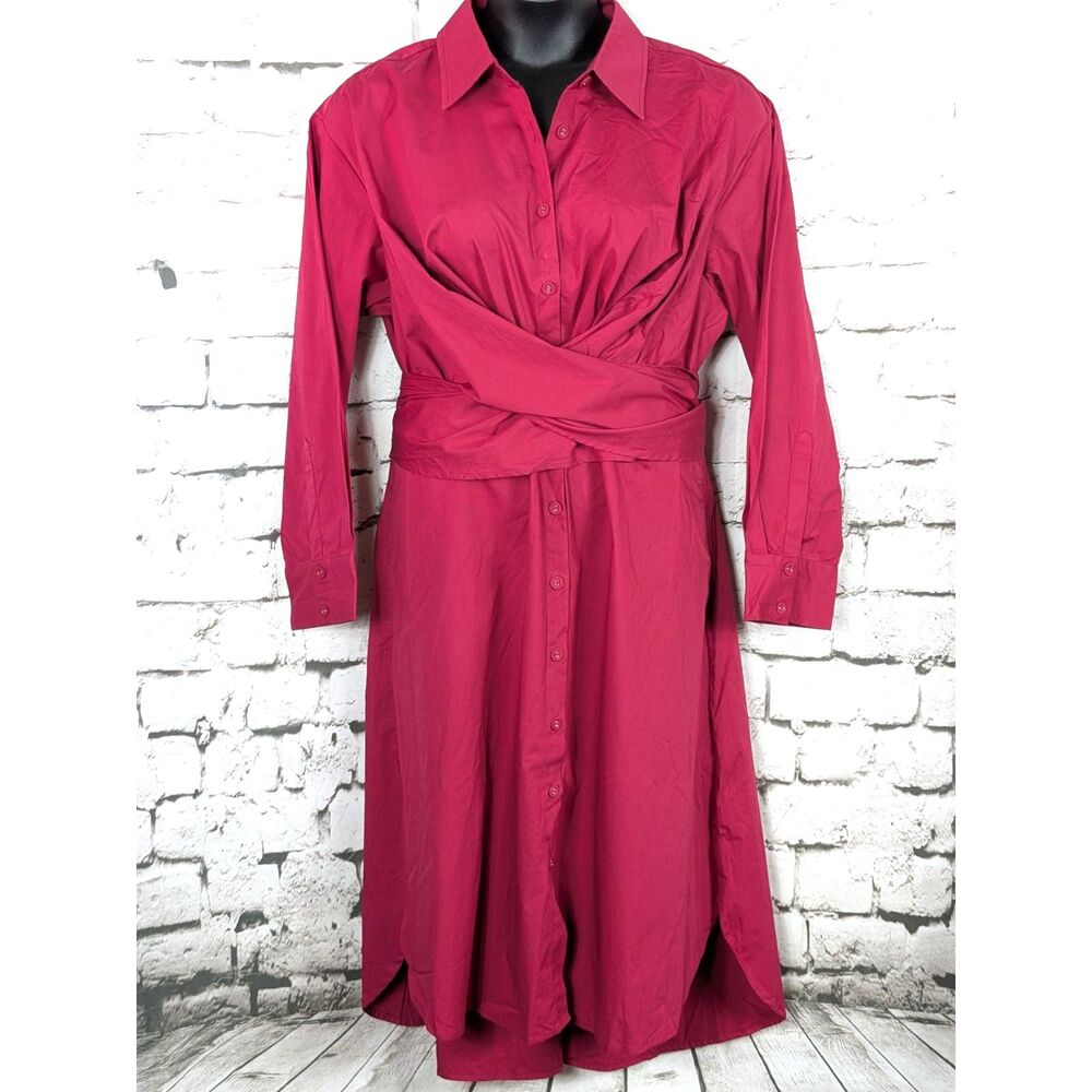 eSHAKTI Wrap Midi Shirt Dress Stretch Poplin Pockets Raspberry Feminine Size 2X